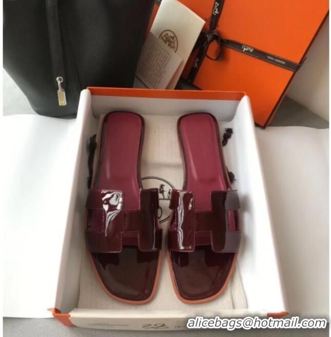 Sumptuous Hermes Patent Calfskin Leather Oran H Flat Slipper Sandals 040112 Burgundy