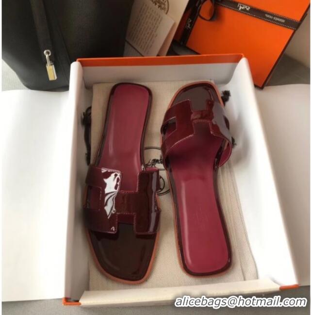 Sumptuous Hermes Patent Calfskin Leather Oran H Flat Slipper Sandals 040112 Burgundy