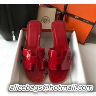 Good Looking Hermes Patent Calfskin Leather Oran H Flat Slipper Sandals 040112 Deep Red