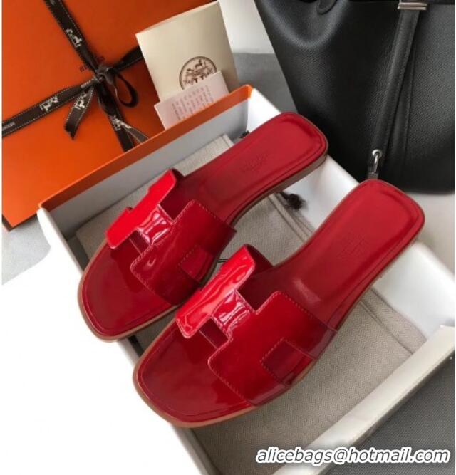 Good Looking Hermes Patent Calfskin Leather Oran H Flat Slipper Sandals 040112 Deep Red