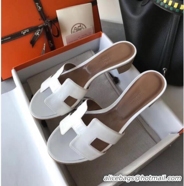 Best Product Hermes Patent Calfskin Leather Oasis Slipper Sandals With 5cm Heel 040117 White