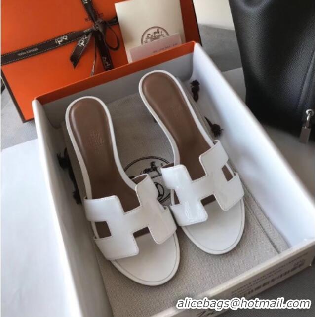 Best Product Hermes Patent Calfskin Leather Oasis Slipper Sandals With 5cm Heel 040117 White