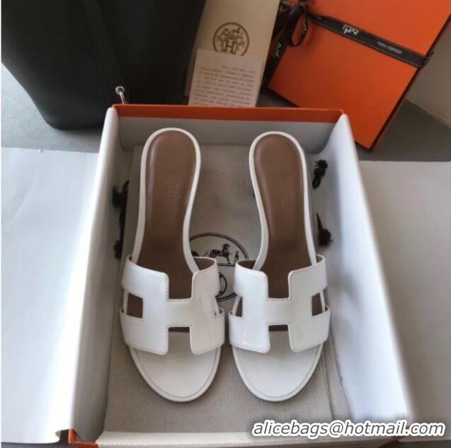 Best Product Hermes Patent Calfskin Leather Oasis Slipper Sandals With 5cm Heel 040117 White