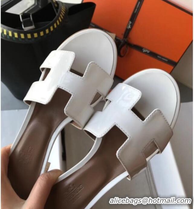 Best Product Hermes Patent Calfskin Leather Oasis Slipper Sandals With 5cm Heel 040117 White