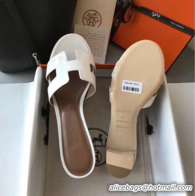 Best Product Hermes Patent Calfskin Leather Oasis Slipper Sandals With 5cm Heel 040117 White