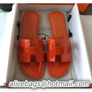 Good Product Hermes Patent Calfskin Leather Oran H Flat Slipper Sandals 040119 Orange