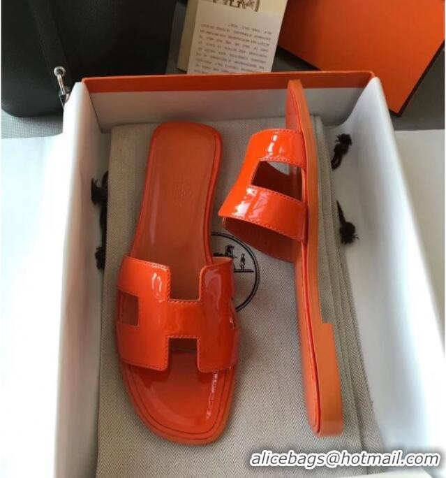 Good Product Hermes Patent Calfskin Leather Oran H Flat Slipper Sandals 040119 Orange