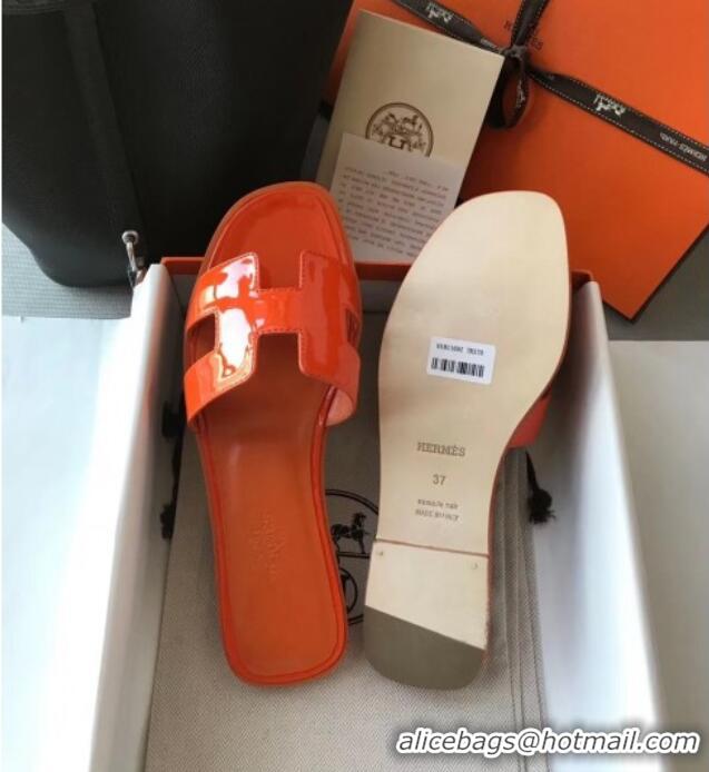 Good Product Hermes Patent Calfskin Leather Oran H Flat Slipper Sandals 040119 Orange