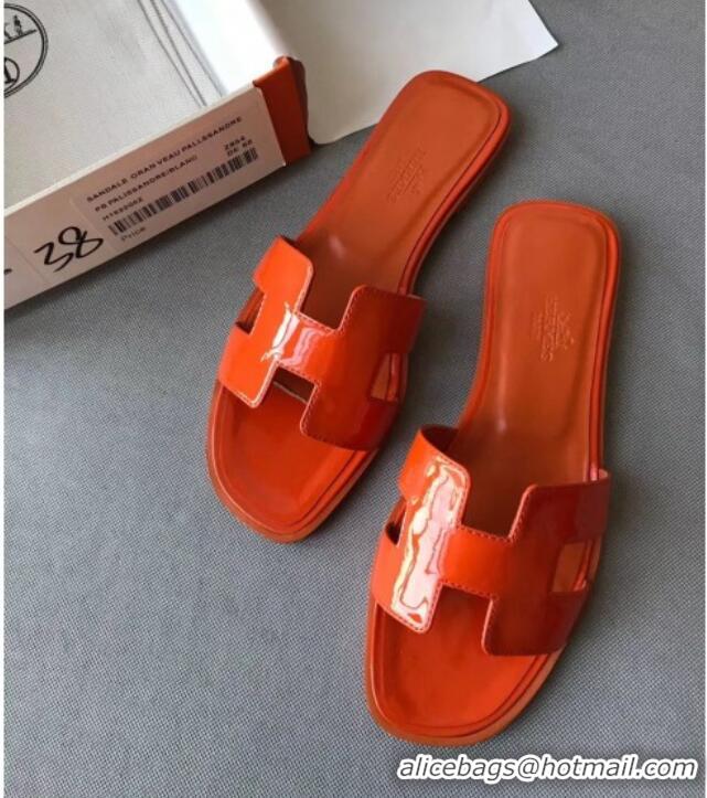 Good Product Hermes Patent Calfskin Leather Oran H Flat Slipper Sandals 040119 Orange