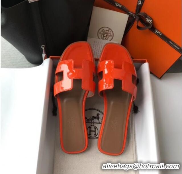 Charming Hermes Patent Calfskin Leather Oran H Flat Slipper Sandals 040119 Orange