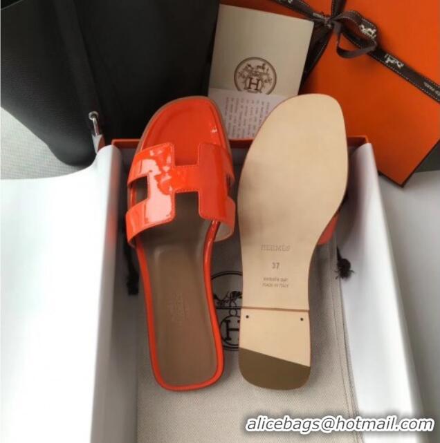 Charming Hermes Patent Calfskin Leather Oran H Flat Slipper Sandals 040119 Orange