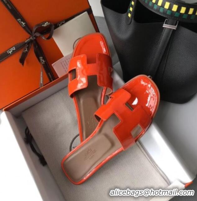 Charming Hermes Patent Calfskin Leather Oran H Flat Slipper Sandals 040119 Orange