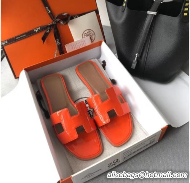 Charming Hermes Patent Calfskin Leather Oran H Flat Slipper Sandals 040119 Orange