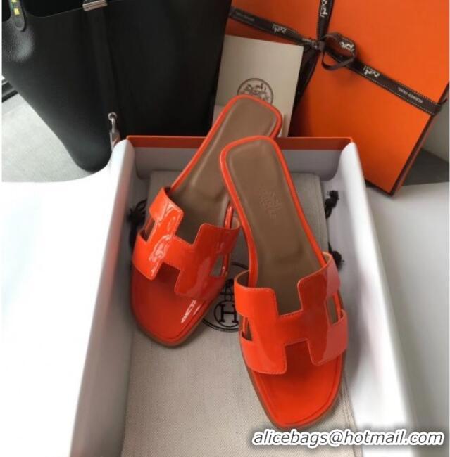 Charming Hermes Patent Calfskin Leather Oran H Flat Slipper Sandals 040119 Orange