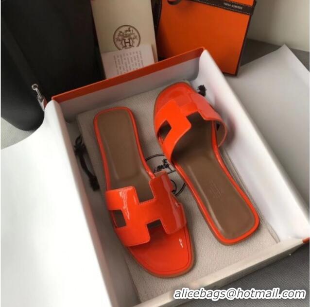 Unique Style Hermes Patent Calfskin Leather Oran H Flat Slipper Sandals 040118 Orange