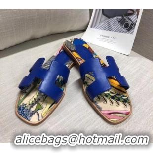 Luxury Hermes Calfskin Oran Sandal With "Fantaisie Botanique" Printed Canvas 040120 Blue