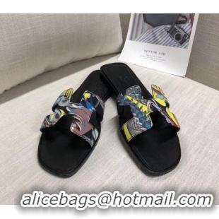 Best Price Hermes "Fantaisie Botanique" Printed Canvas Oran Sandal 040122 Black