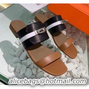 Good Quality Hermes Calfskin Avenue Sandal 040127 Black/Brown/White 