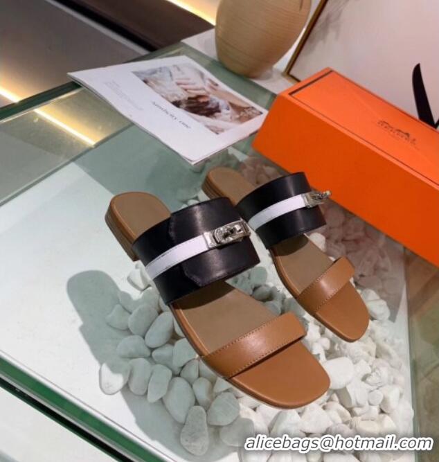 Good Quality Hermes Calfskin Avenue Sandal 040127 Black/Brown/White 