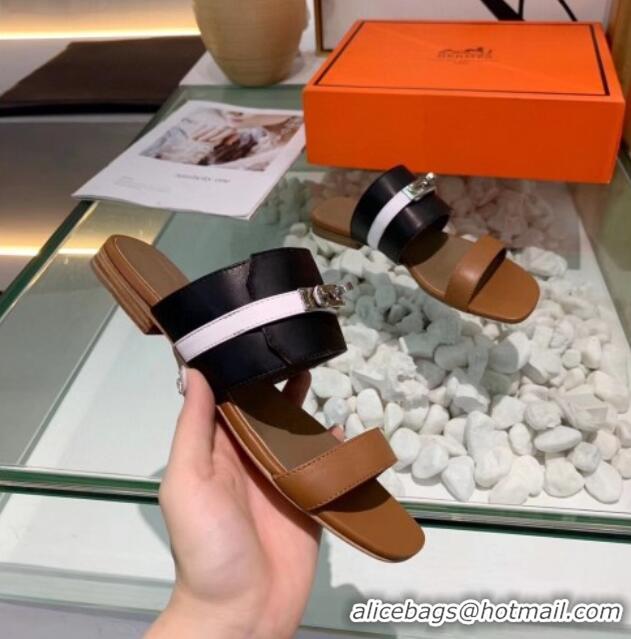 Good Quality Hermes Calfskin Avenue Sandal 040127 Black/Brown/White 