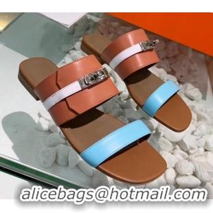 Top Grade Hermes Calfskin Avenue Sandal 040127 Brown/Blue/White