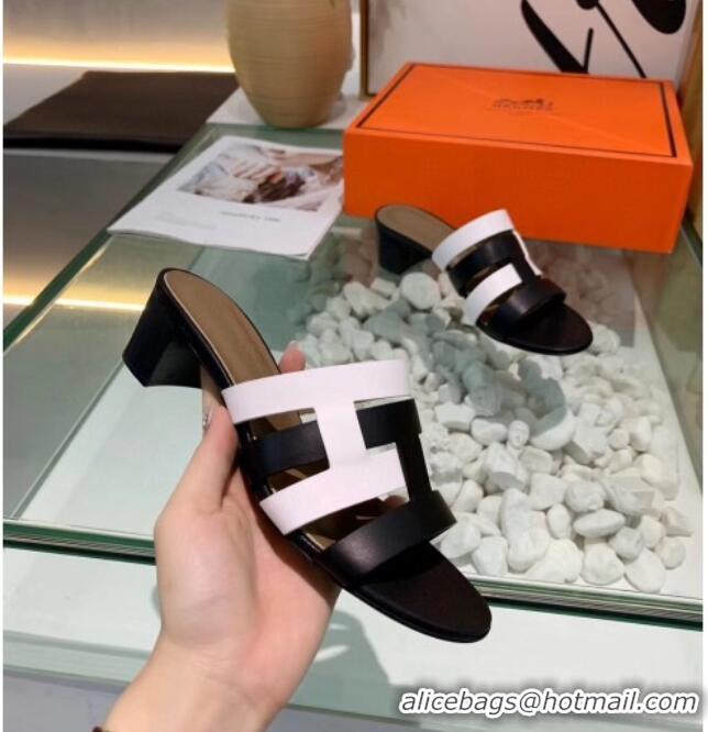 Super Quality Hermes Calfskin Amica Sandal With 5cm Heel 401340 Black/White