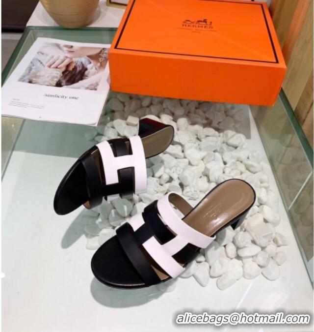 Super Quality Hermes Calfskin Amica Sandal With 5cm Heel 401340 Black/White