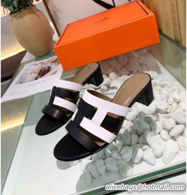 Super Quality Hermes Calfskin Amica Sandal With 5cm Heel 401340 Black/White