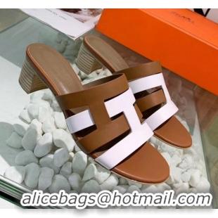 Best Grade Hermes Calfskin Amica Sandal With 5cm Heel 401340 Brown/White