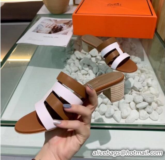 Best Grade Hermes Calfskin Amica Sandal With 5cm Heel 401340 Brown/White