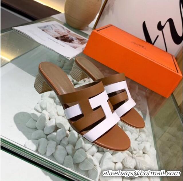 Best Grade Hermes Calfskin Amica Sandal With 5cm Heel 401340 Brown/White