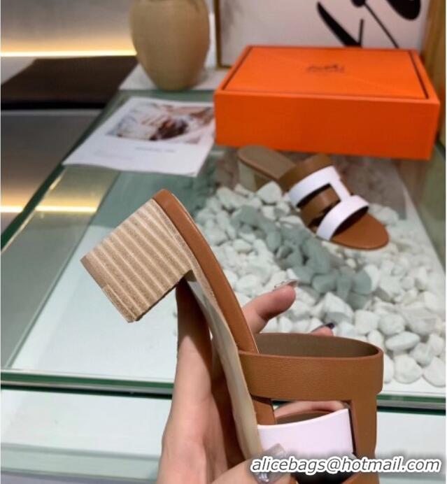 Best Grade Hermes Calfskin Amica Sandal With 5cm Heel 401340 Brown/White