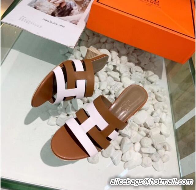 Best Grade Hermes Calfskin Amica Sandal With 5cm Heel 401340 Brown/White