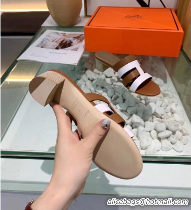 Best Grade Hermes Calfskin Amica Sandal With 5cm Heel 401340 Brown/White