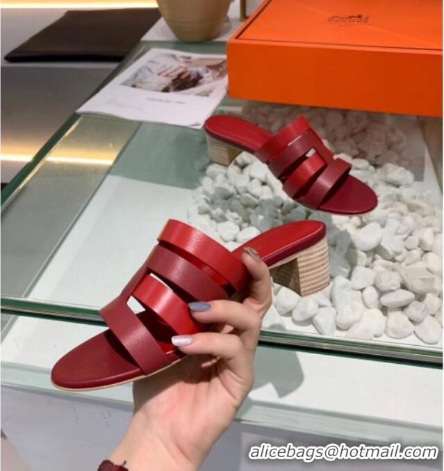 Top Grade Hermes Calfskin Amica Sandal With 5cm Heel 040143 Burgundy/Red