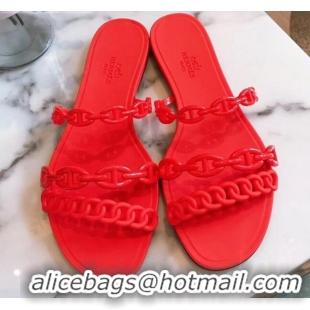 Luxury Cheap Hermes "Chaine d'Ancre" PVC Flat Sandal 42031 Red