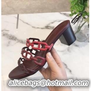 Super Quality Hermes Leather "Chaine d'Ancre" Tandem Sandal With 5cm Heel 042038 Burgundy