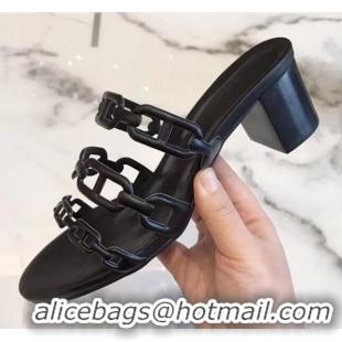 Low Cost Hermes Leather "Chaine d'Ancre" Tandem Sandal With 5cm Heel 042038 Black