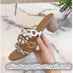 Good Product Hermes Leather "Chaine d'Ancre" Tandem Sandal With 5cm Heel 042038 White/Brown