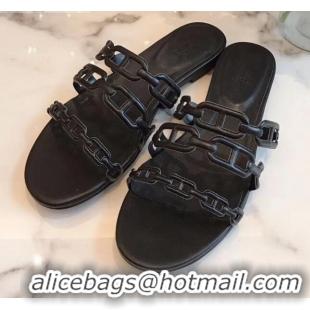 Grade Design Hermes Leather "Chaine d'Ancre" Flat Sandal 042043 Black