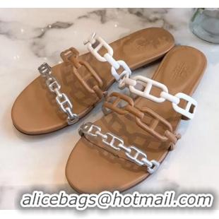 Good Quality Hermes Leather "Chaine d'Ancre" Flat Sandal 042043 White/Brown