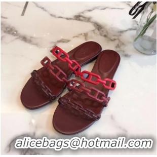 Low Price Hermes Leather "Chaine d'Ancre" Flat Sandal 042043 Burgundy