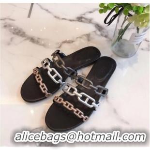 Perfect Hermes Leather "Chaine d'Ancre" Flat Sandal 042043 Silver/Grey/Brown