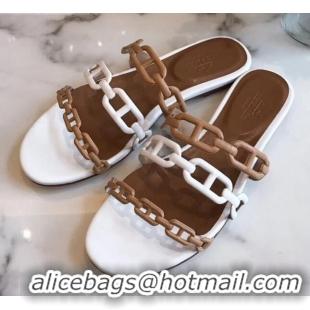 Classic Practical Hermes Leather "Chaine d'Ancre" Flat Sandal 042043 Brown/White