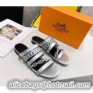 Top Quality Hermes Leather "Chaine d'Ancre" Flat Sandal 042043 Silver