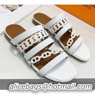 Low Price Hermes Leather "Chaine d'Ancre" Flat Sandal 042043 White