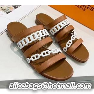 Affordable Price Hermes Leather "Chaine d'Ancre" Flat Sandal 042043 Brown/White