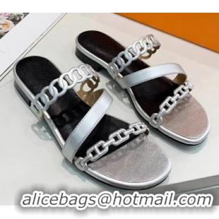 Purchase Hermes Leather "Chaine d'Ancre" Straps Slipper Sandal 042056 Silver