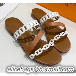 Stylish Hermes Leather "Chaine d'Ancre" Straps Slipper Sandal 042056 Brown/White