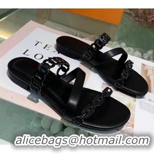 Super Quality Hermes Leather "Chaine d'Ancre" Straps Ajaccio Slipper Sandal 042062 Black